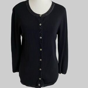 Black Knit Sequin Crochet Detail Button Up Holiday Party Office Sweater- Sz-M